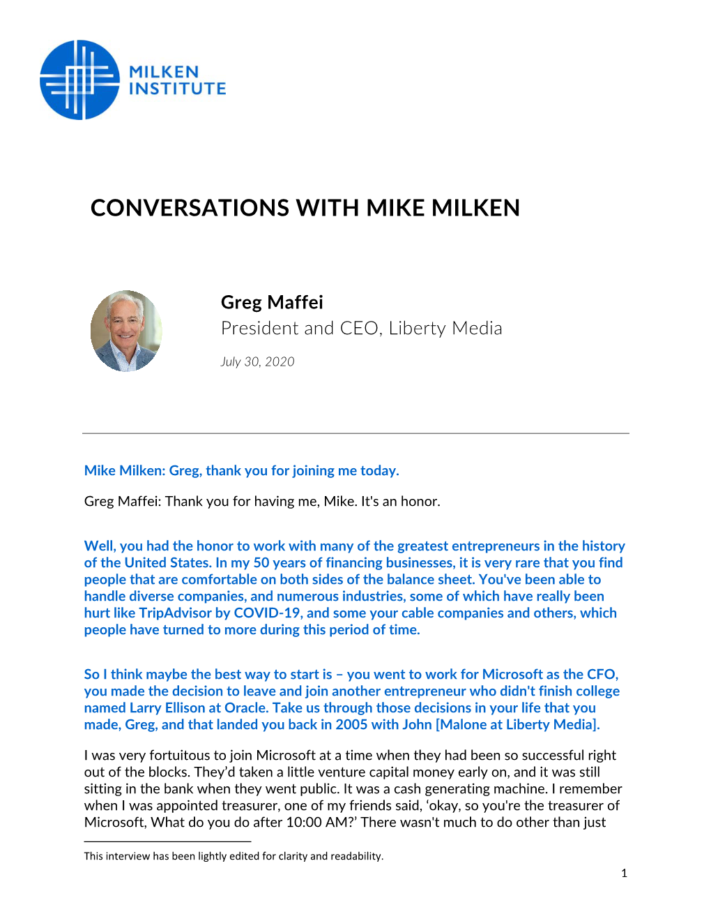 CONVERSATIONS with MIKE MILKEN Greg Maffei