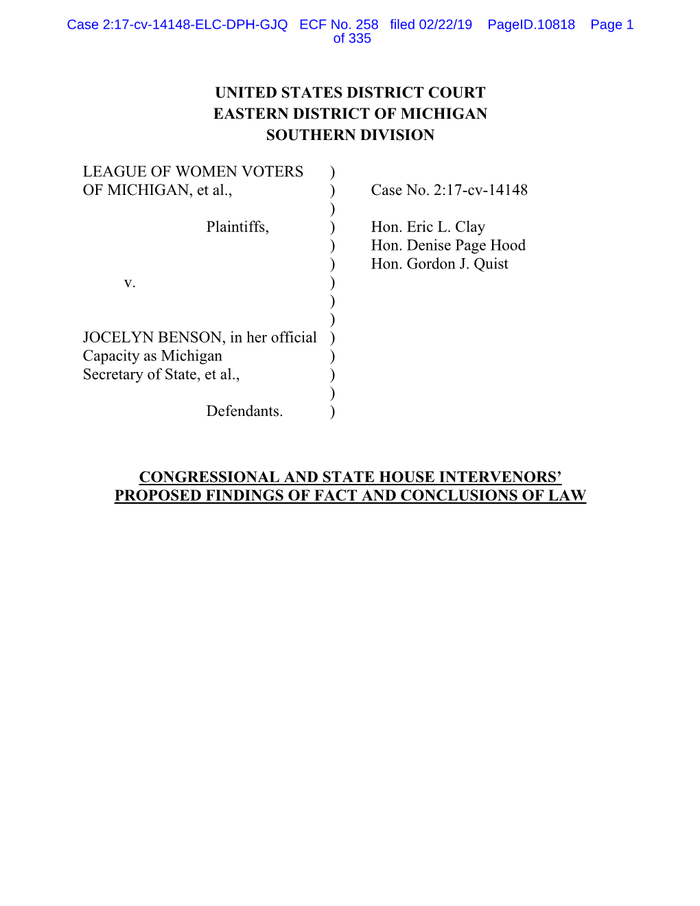 Case 2:17-Cv-14148-ELC-DPH-GJQ ECF No. 258 Filed 02/22/19 Pageid.10818 Page 1 of 335