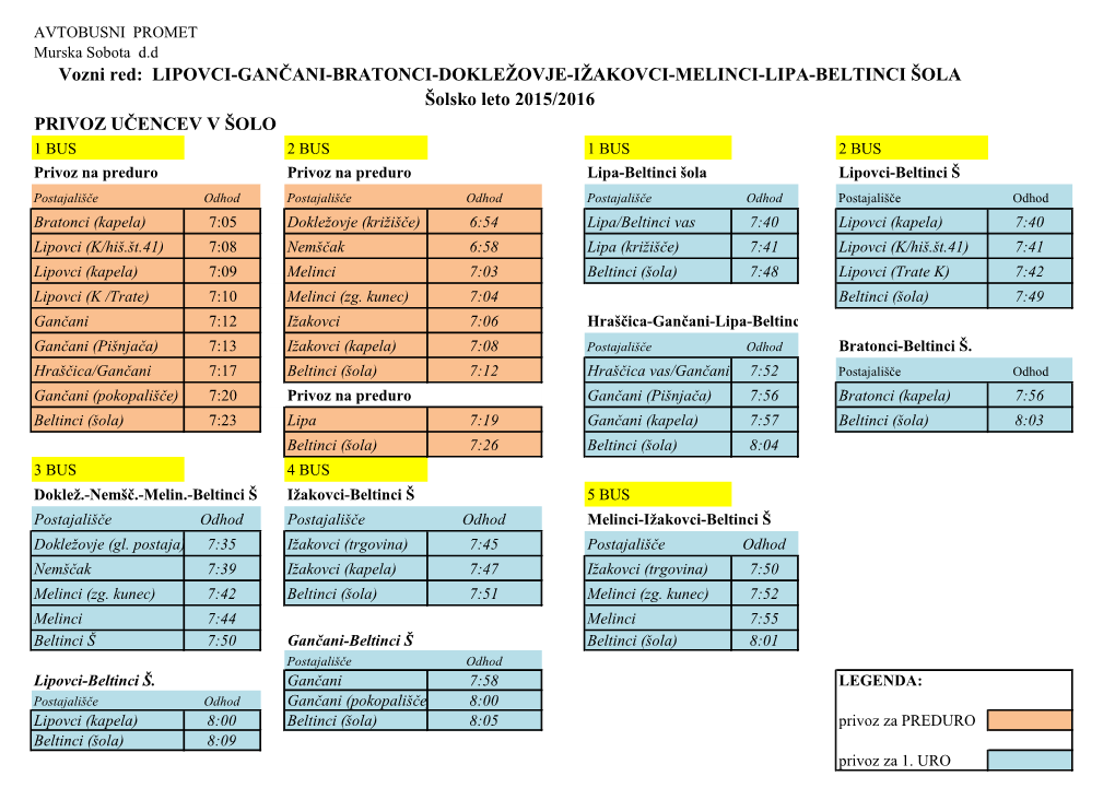 PRIVOZ UČENCEV V ŠOLO Vozni Red: LIPOVCI