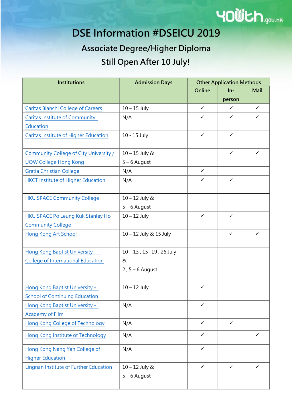 DSE Information #DSEICU 2019 Associate Degree/Higher Diploma Still Open After 10 July!