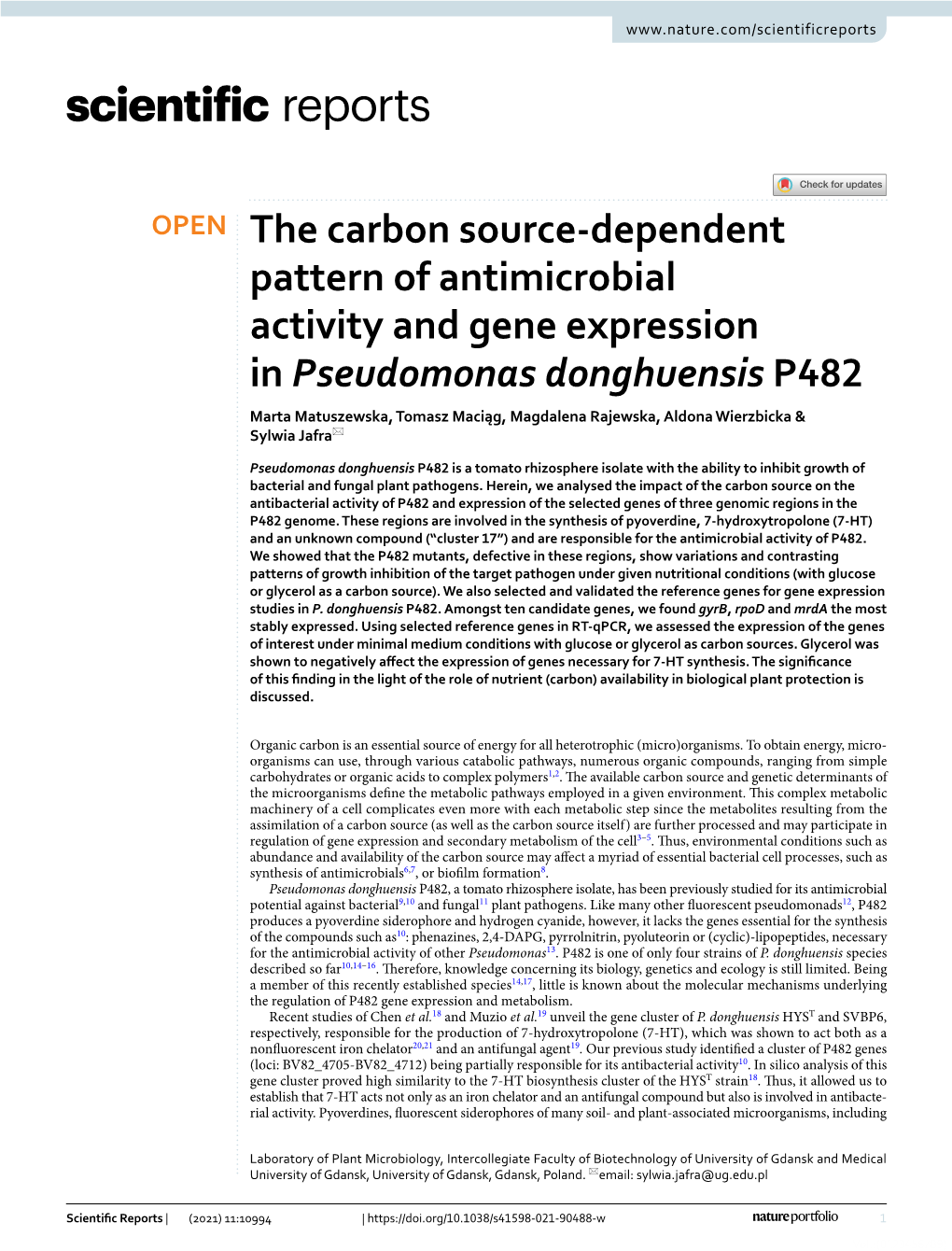 The Carbon Source-Dependent Pattern of Antimicrobial Activity and Gene Expression in Pseudomonas Donghuensis P482