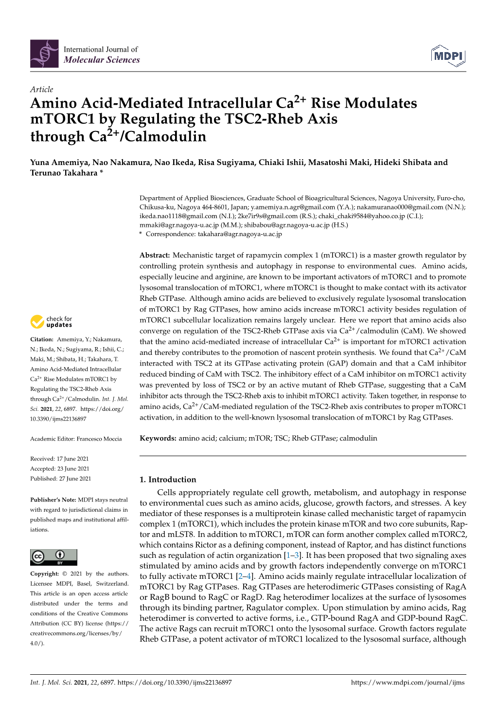 Amino Acid-Mediated Intracellular Ca2+ Rise Modulates Mtorc1 by Regulating the TSC2-Rheb Axis Through Ca2+/Calmodulin