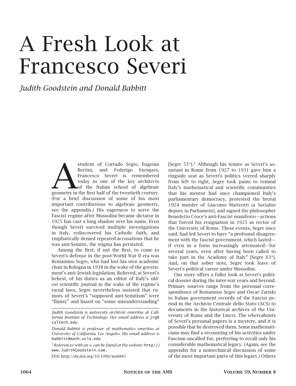 A Fresh Look at Francesco Severi Judith Goodstein and Donald Babbitt