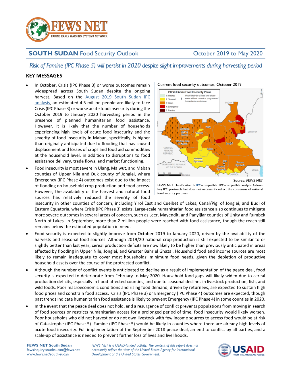 SOUTH SUDAN Food Security Outlook October 2019 to May 2020