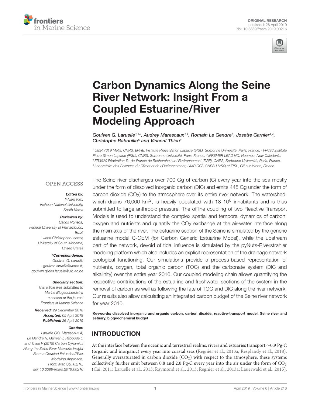 Carbon Dynamics Along the Seine River Network: Insight from a Coupled Estuarine/River Modeling Approach