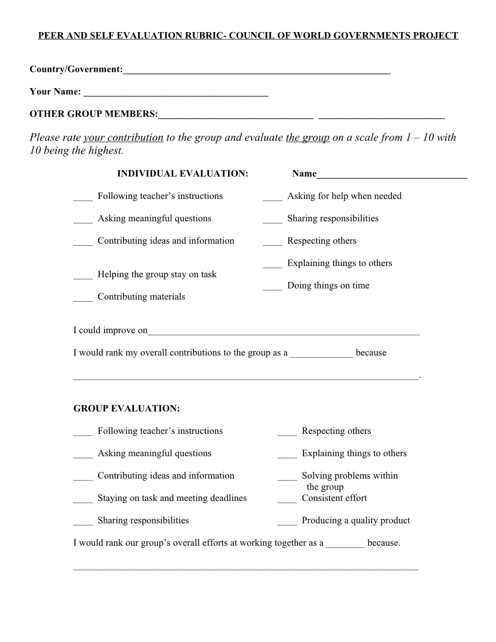 Peer and Self Evaluation Rubric