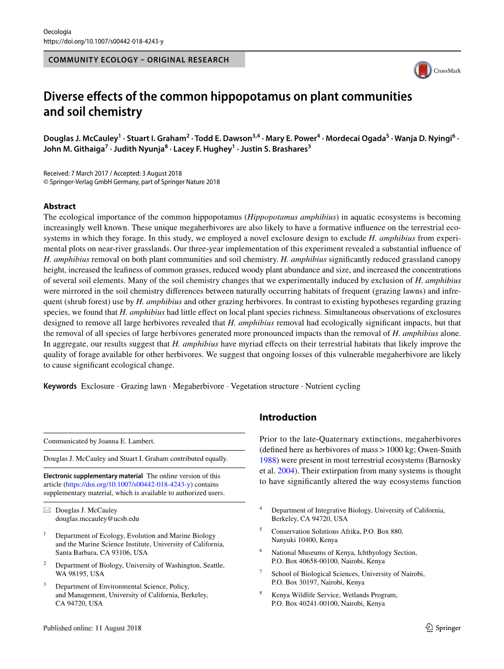 Diverse Effects of the Common Hippopotamus on Plant