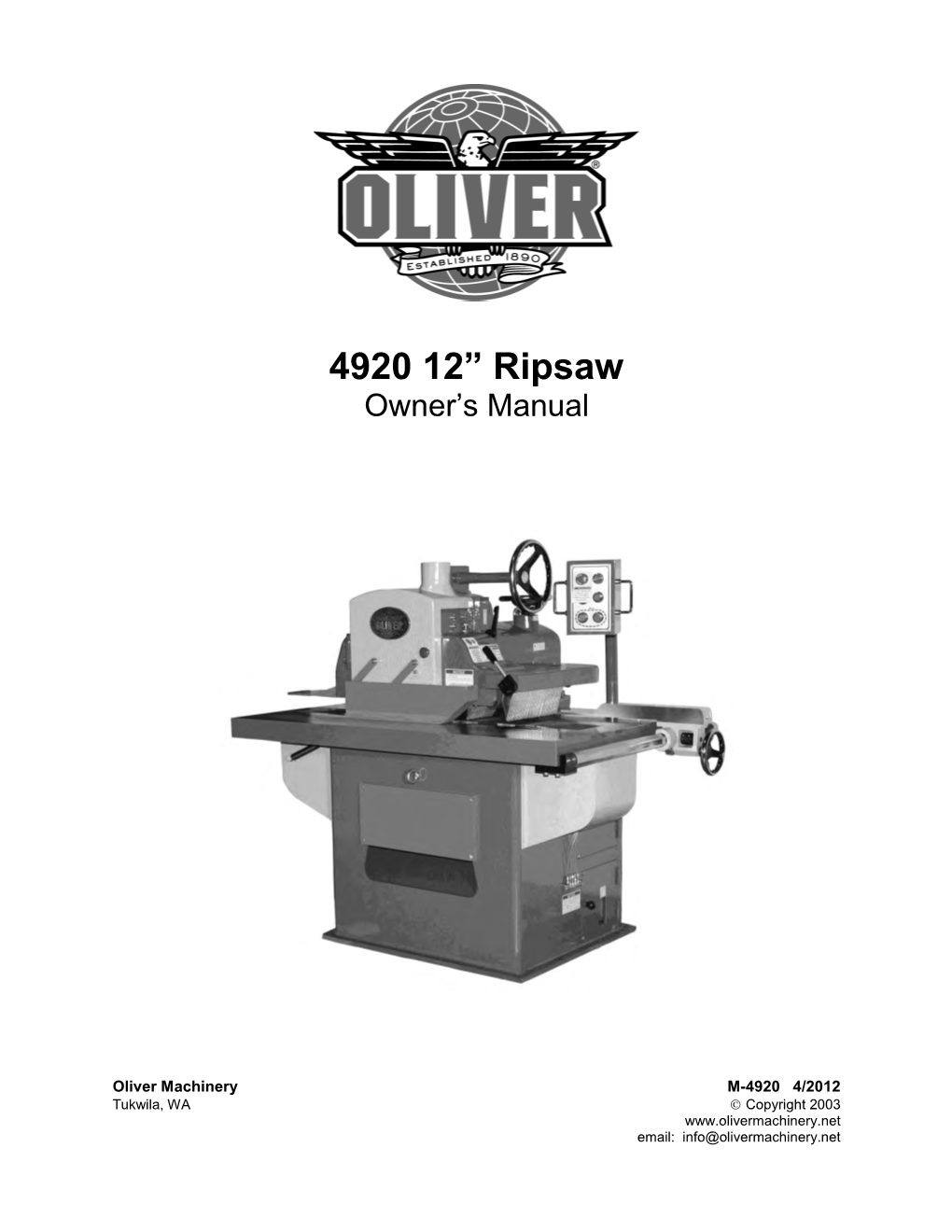 4920 12” Ripsaw Owner’S Manual