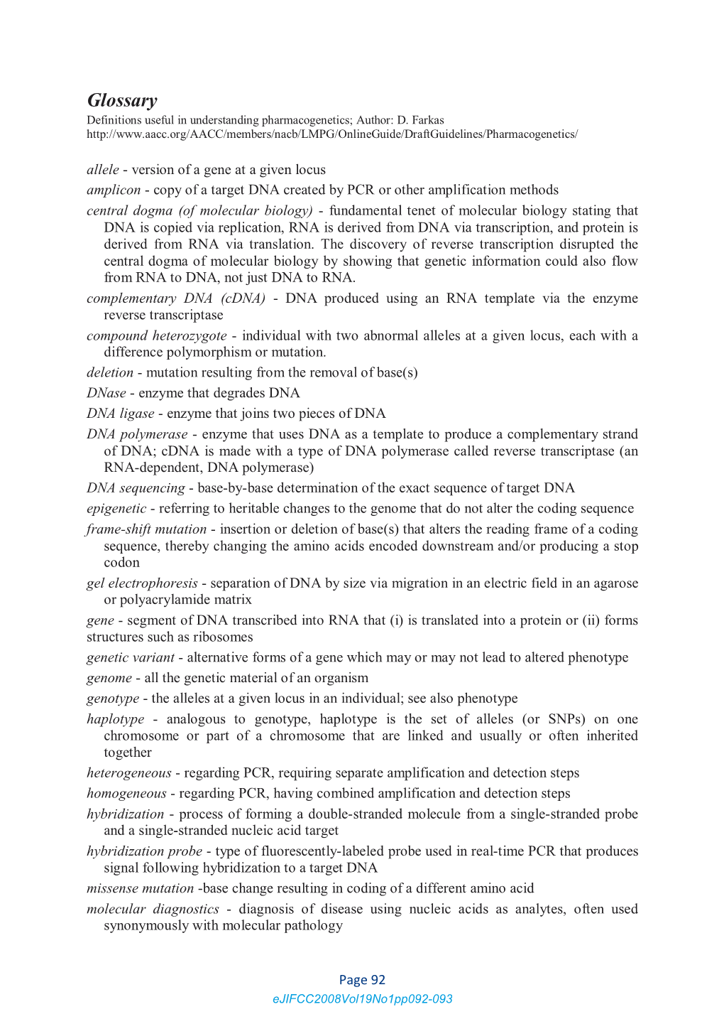 Glossary Definitions Useful in Understanding Pharmacogenetics; Author: D