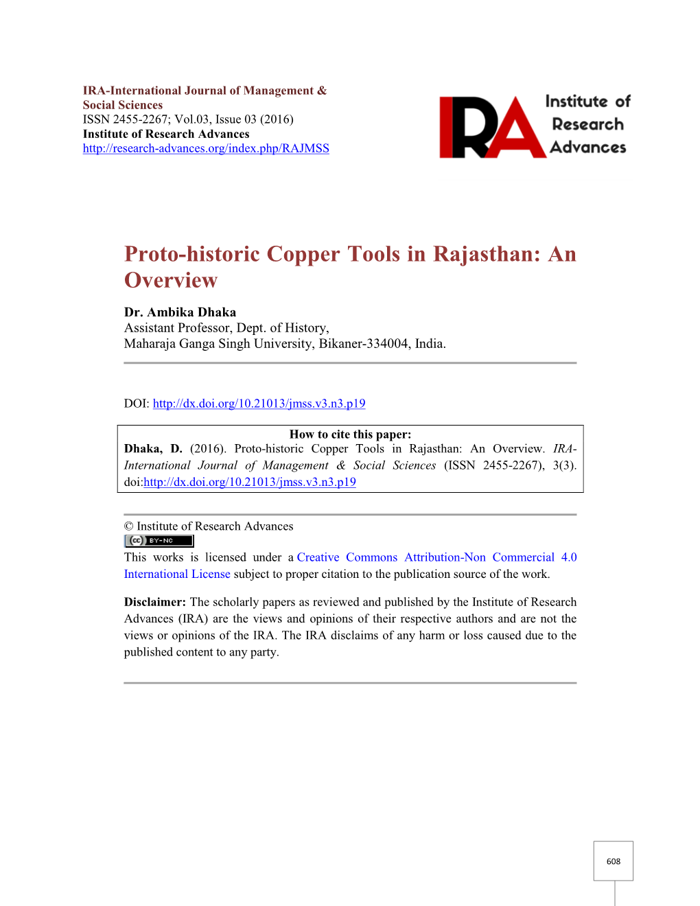 Proto-Historic Copper Tools in Rajasthan: an Overview Dr