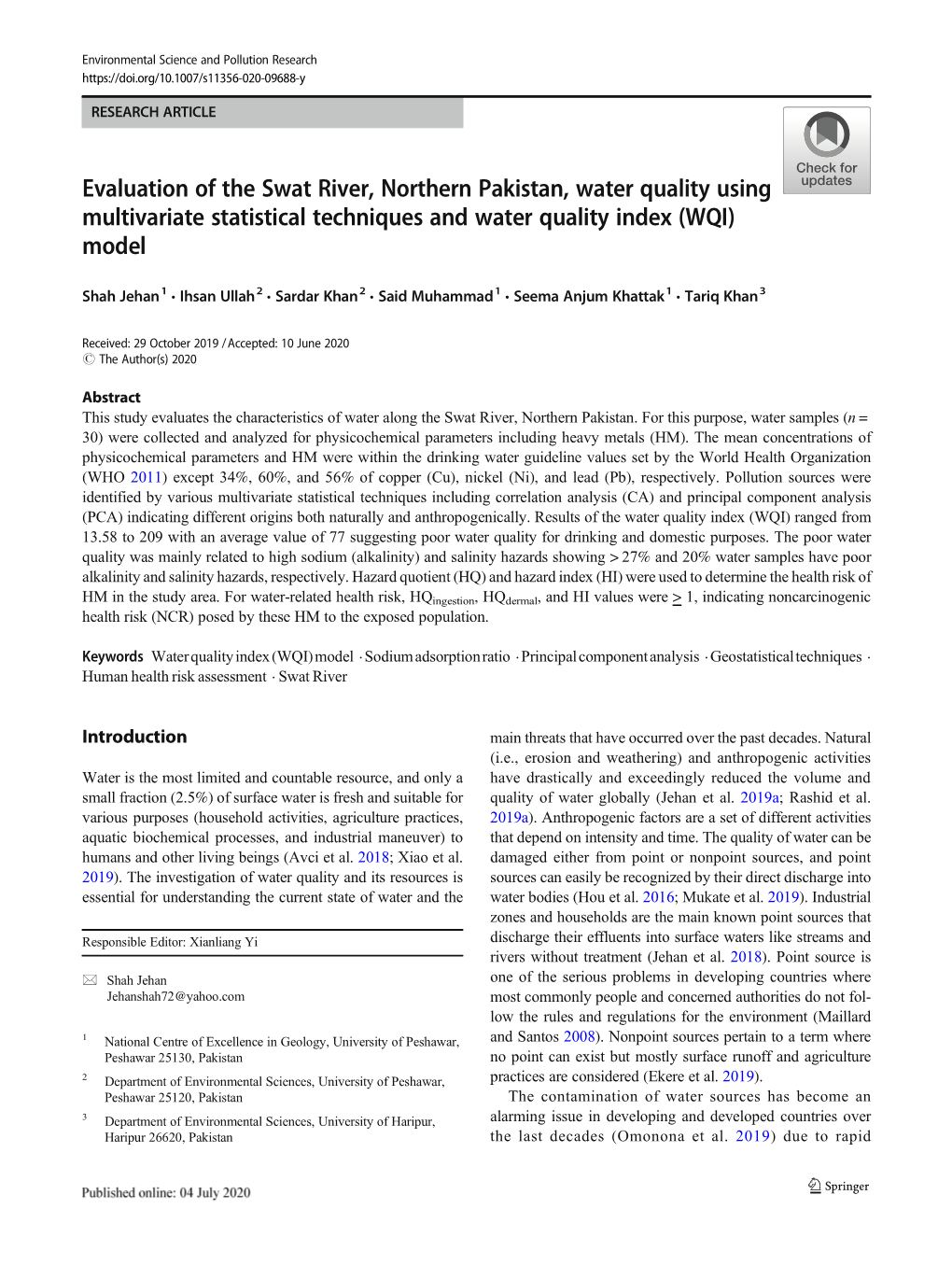 Evaluation of the Swat River, Northern Pakistan, Water Quality Using Multivariate Statistical Techniques and Water Quality Index (WQI) Model