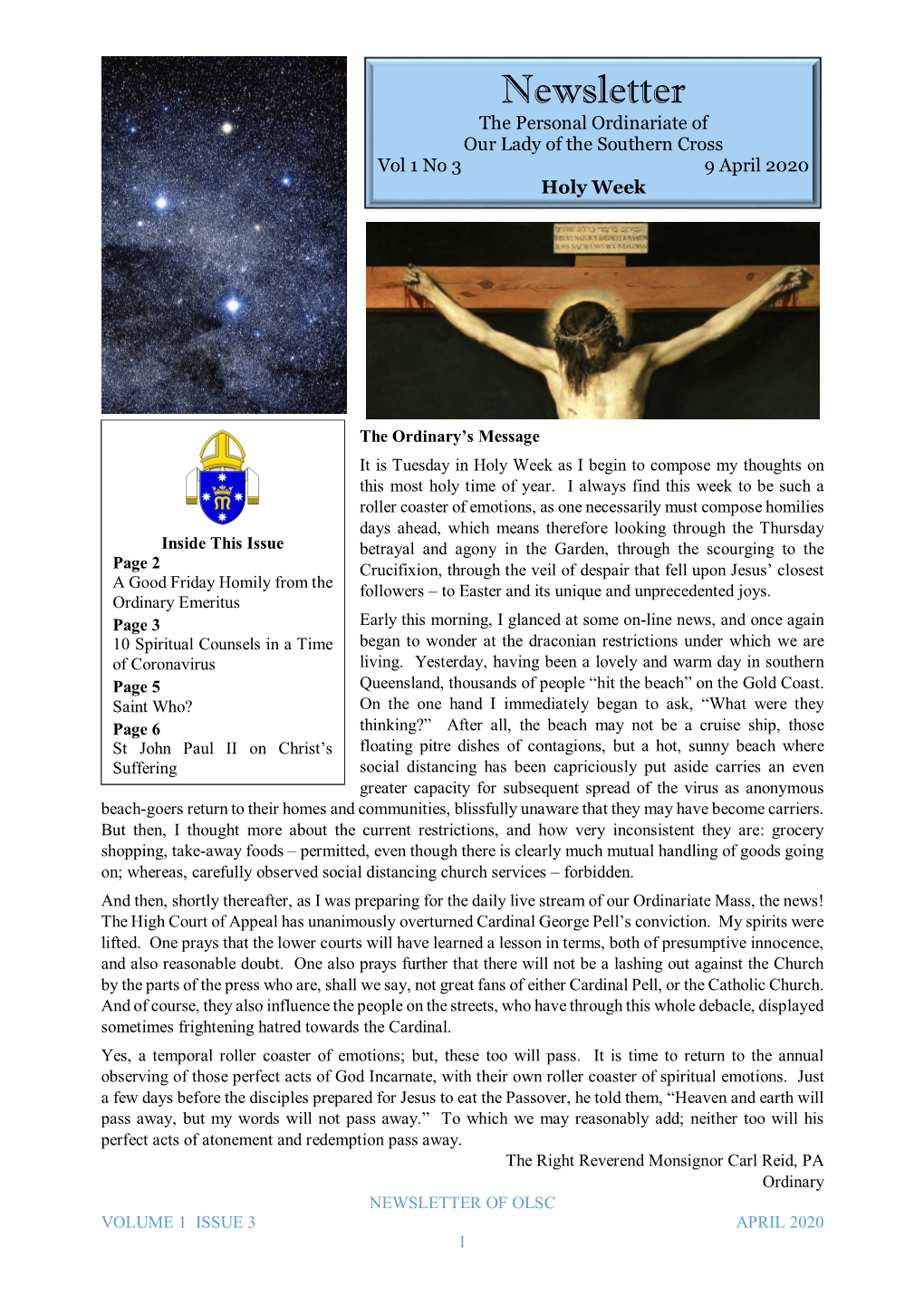 Newsletter the Personal Ordinariate of Our Lady of the Southern Cross Vol 1 No 3 9 April 2020 Holy Week