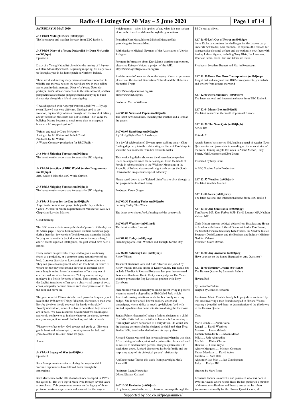 Radio 4 Listings for 30 May – 5 June 2020 Page 1 of 14 SATURDAY 30 MAY 2020 Which Trauma -- When It Is Spoken of and When It Is Not Spoken BBC's Vast Archives