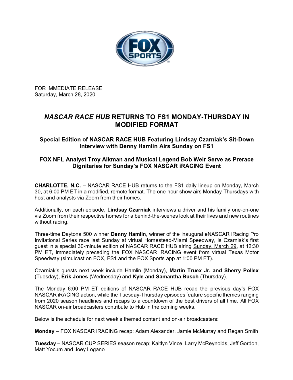 Nascar Race Hub Returns to Fs1 Monday-Thursday in Modified Format