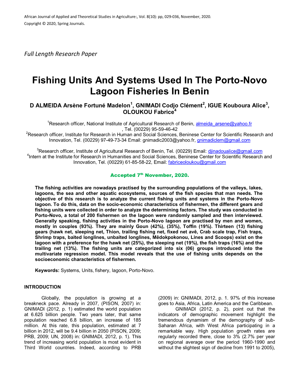 Fishing Units and Systems Used in the Porto-Novo Lagoon Fisheries in Benin