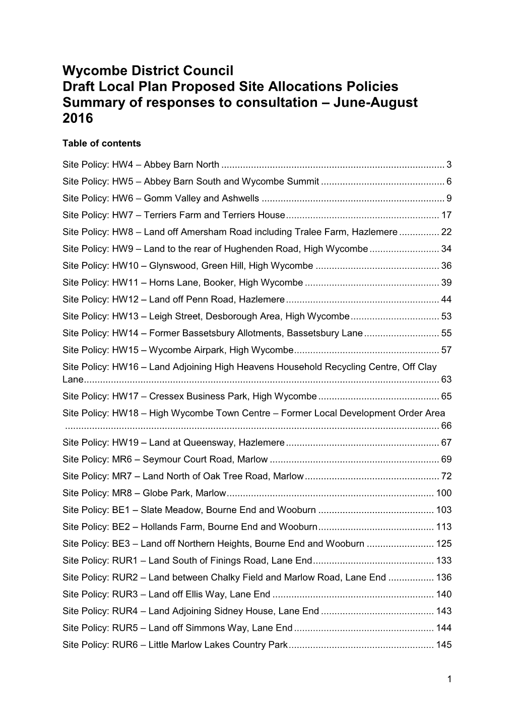 Draft Local Plan: Site Policies Representations Summaries