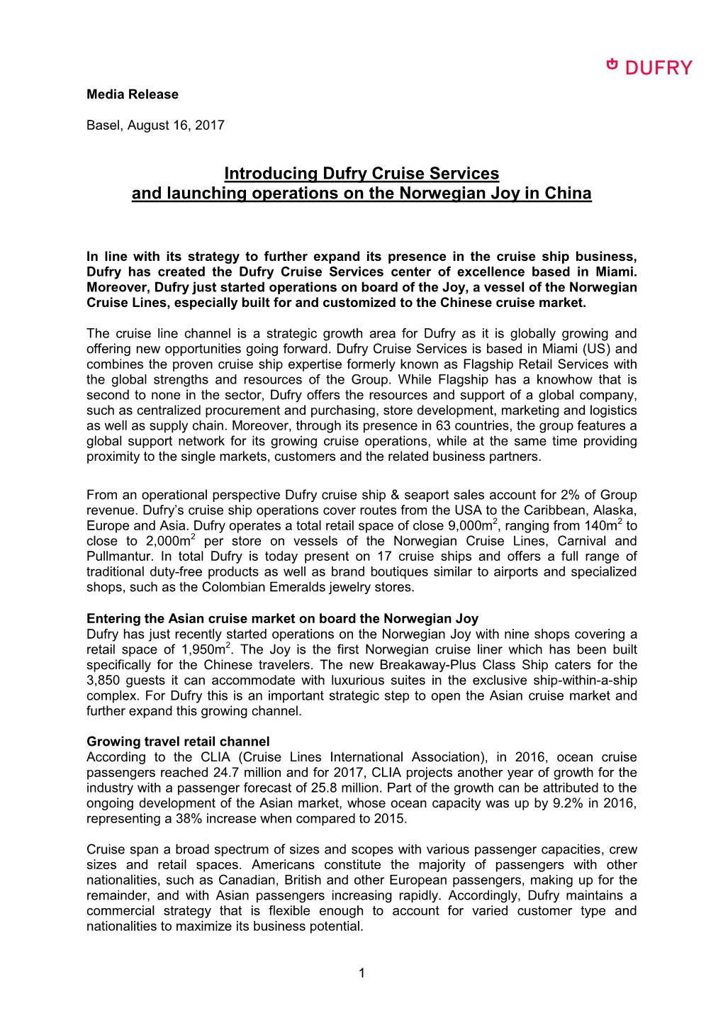 Introducing Dufry Cruise Services and Launching Operations on the Norwegian Joy in China