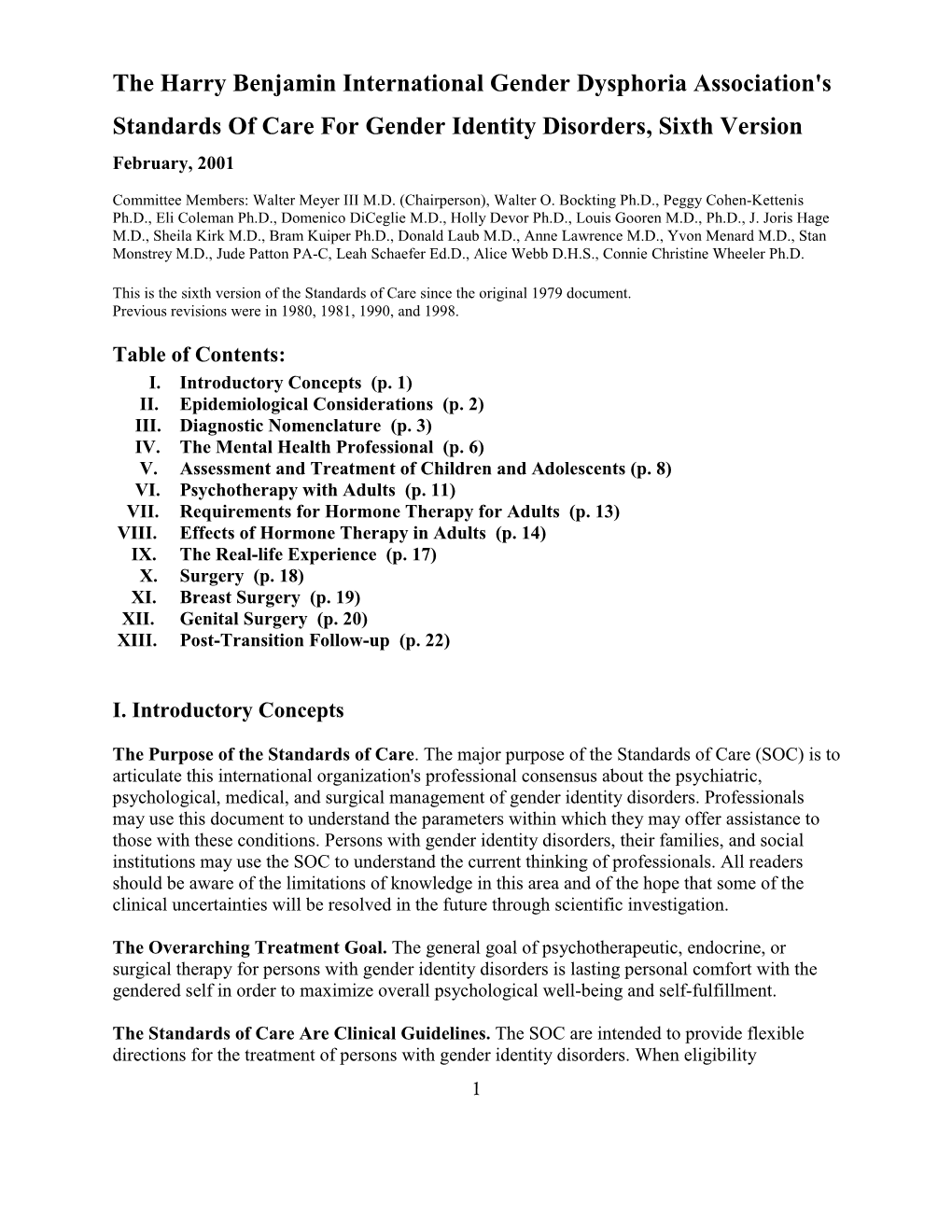 Harry Benjamin International Gender Dysphoria Association's Standards of Care for Gender Identity Disorders, Sixth Version February, 2001