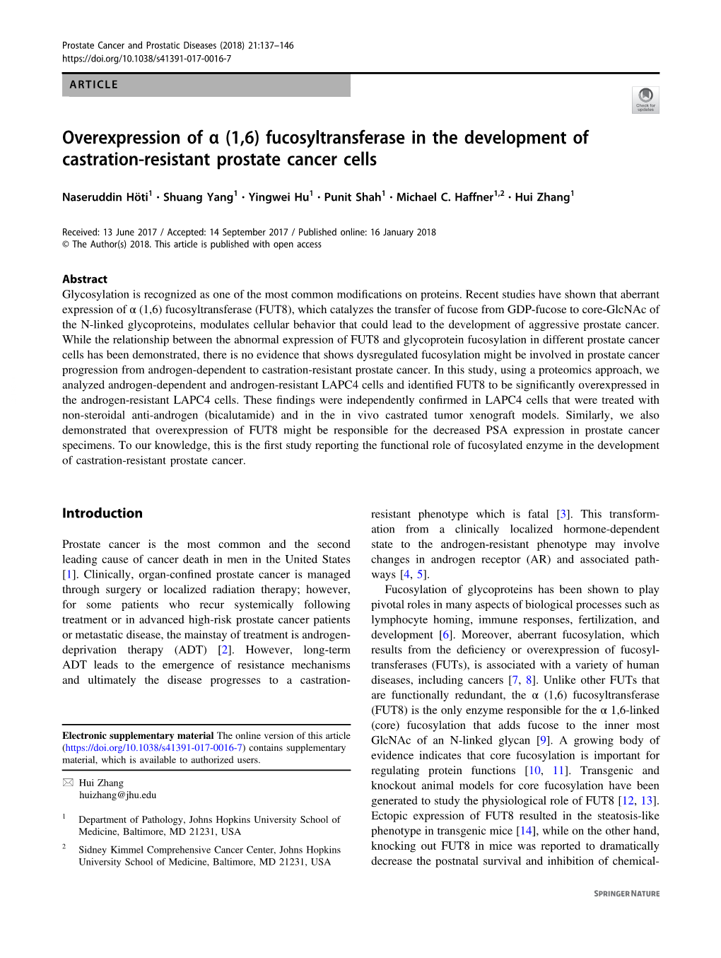 Fucosyltransferase in the Development of Castration-Resistant Prostate Cancer Cells