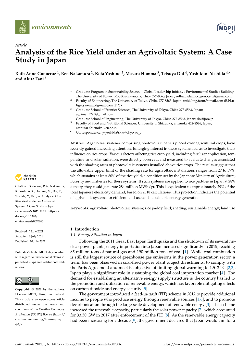 Analysis of the Rice Yield Under an Agrivoltaic System: a Case Study in Japan