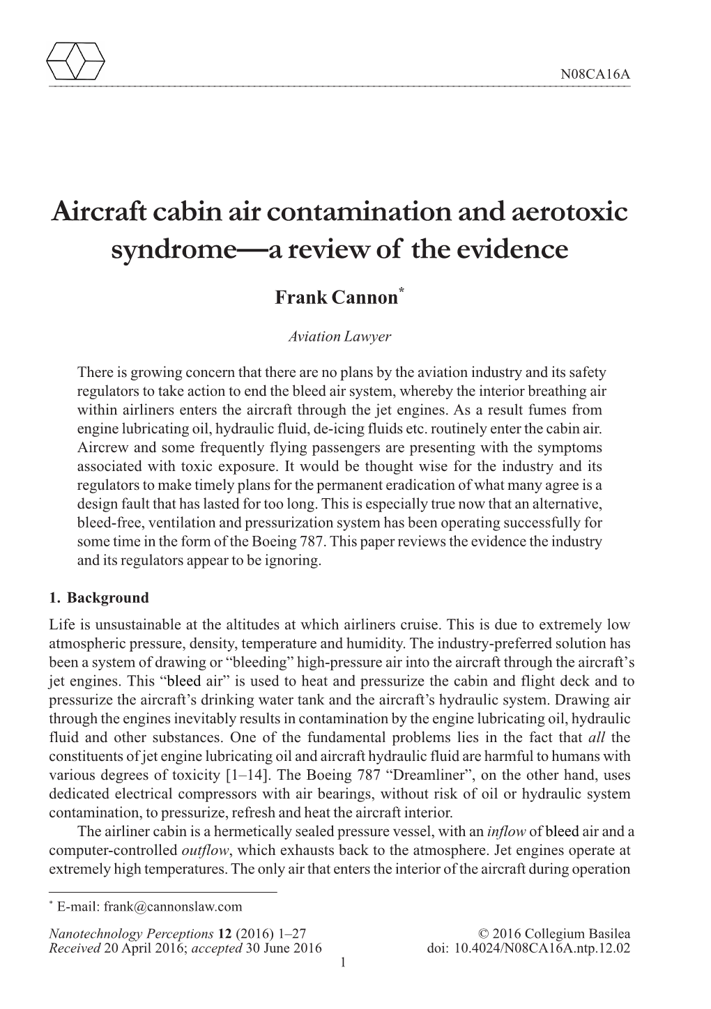 Aircraft Cabin Air Contamination and Aerotoxic Syndrome—A Review of the Evidence