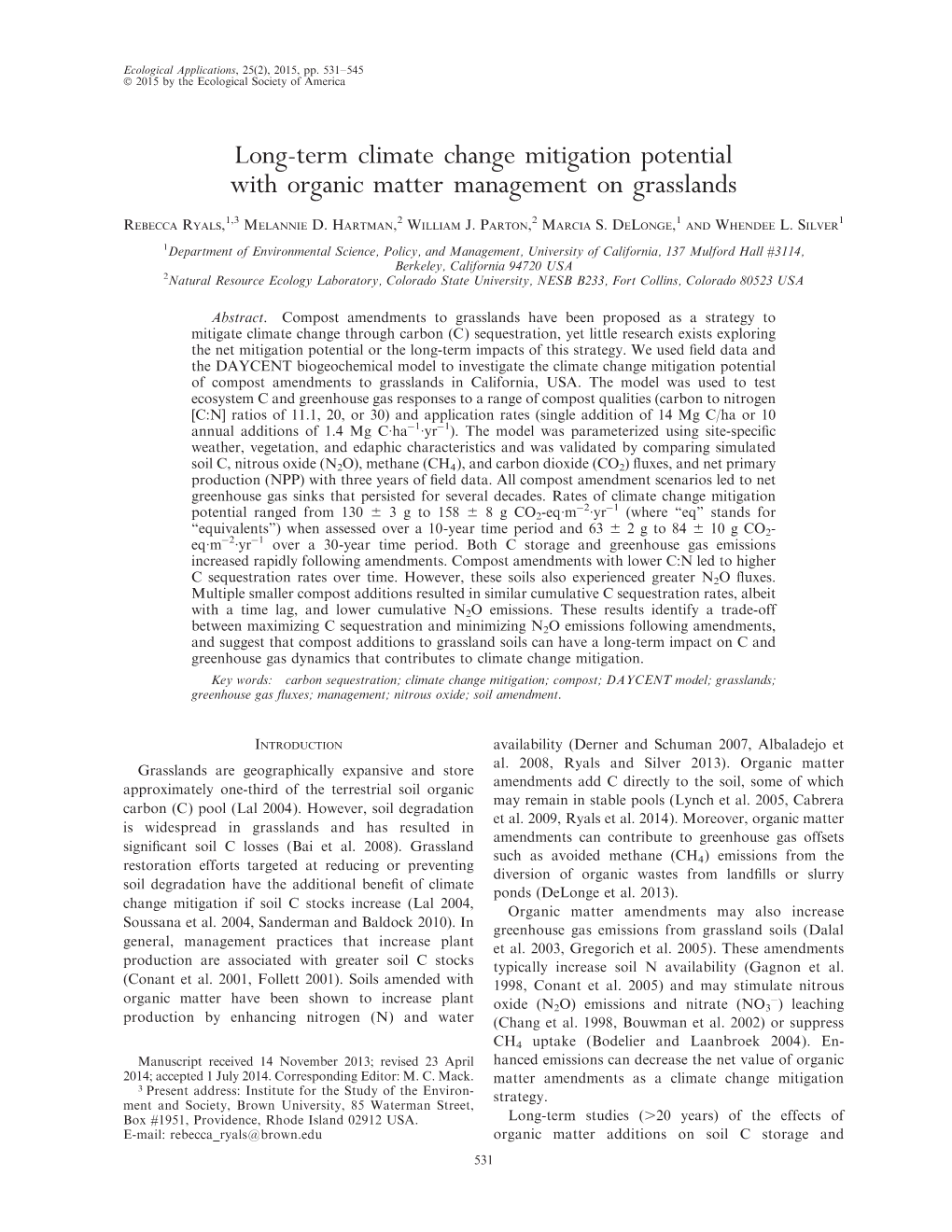 Long-Term Climate Change Mitigation Potential with Organic Matter Management on Grasslands