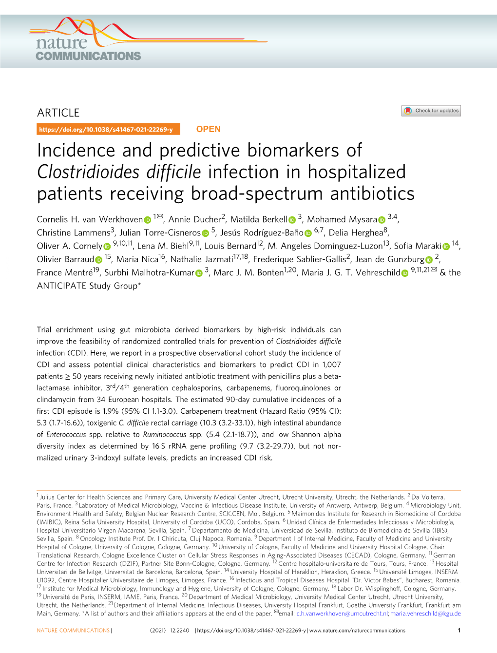 Incidence and Predictive Biomarkers of Clostridioides Difficile Infection In