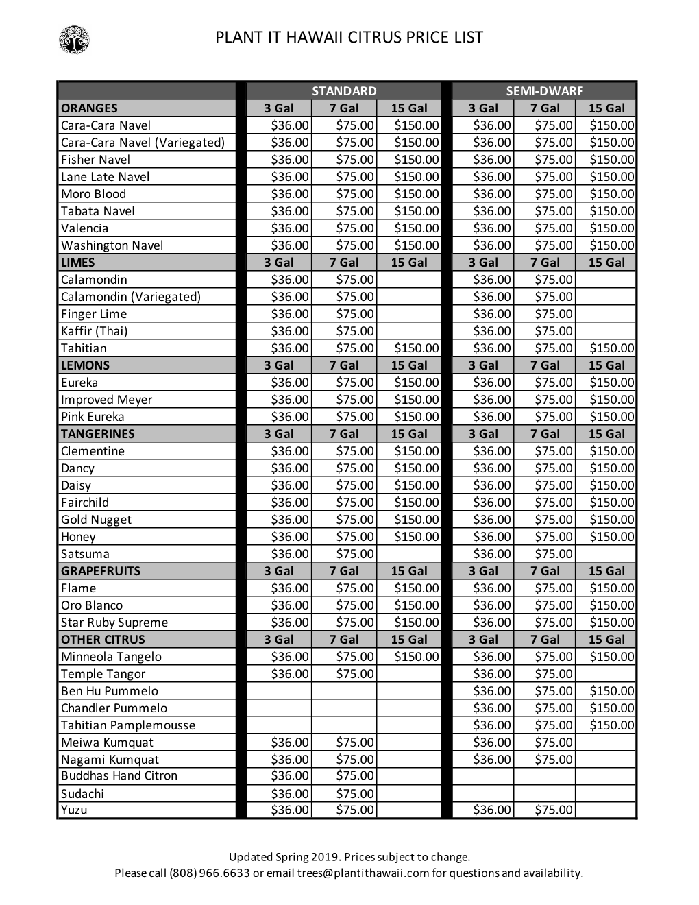 Plant It Hawaii Citrus Price List