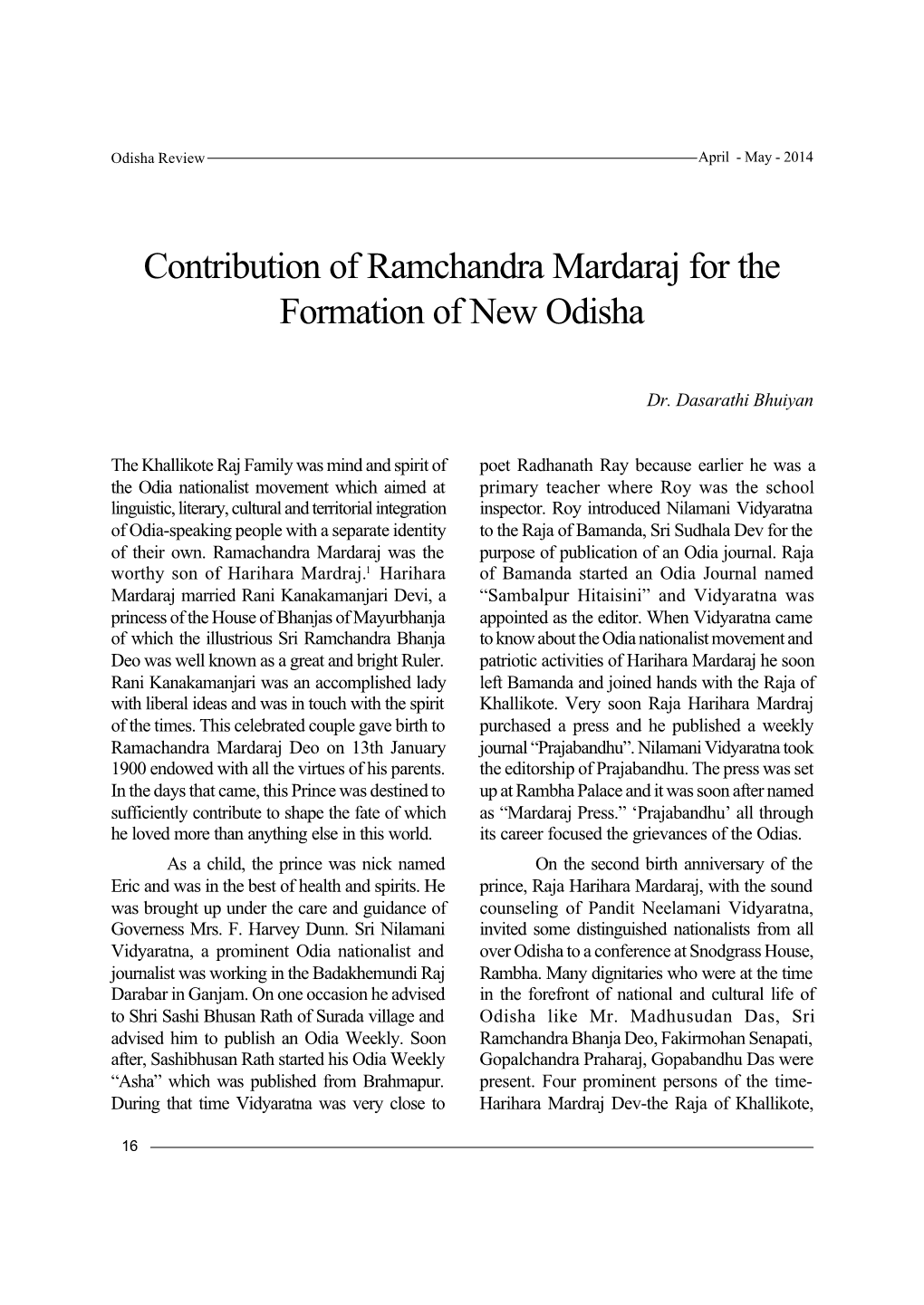 Contribution of Ramchandra Mardaraj for Theformation of New Odisha