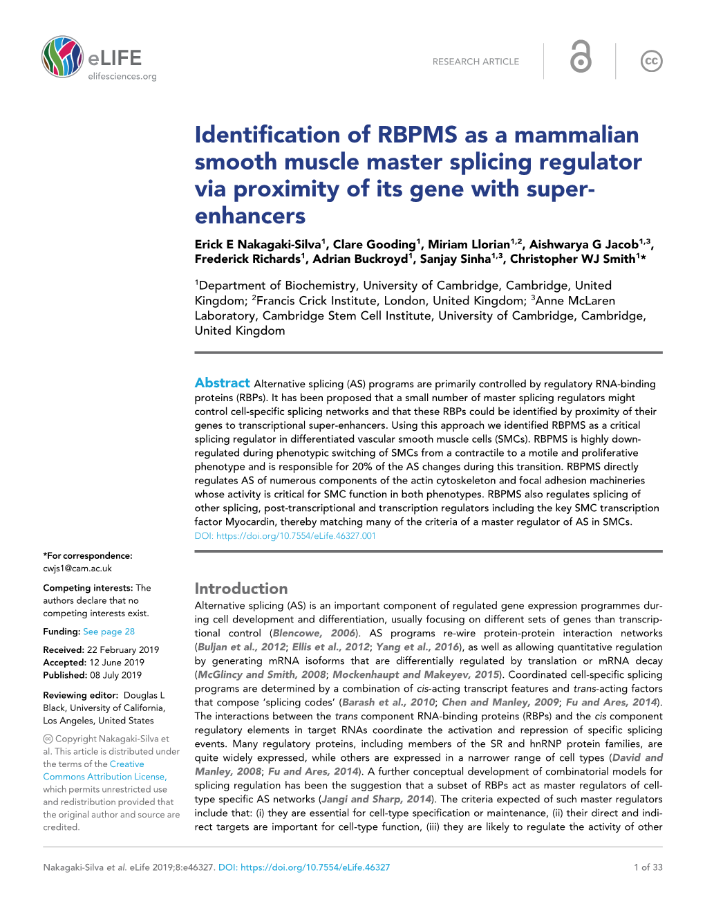 Identification of RBPMS As a Mammalian Smooth Muscle Master