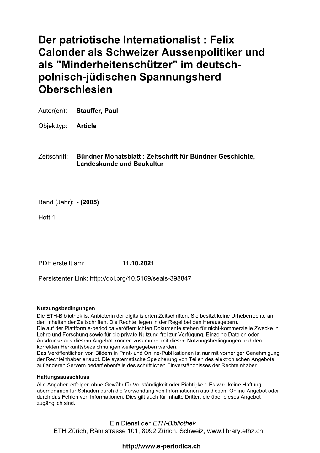 Felix Calonder Als Schweizer Aussenpolitiker Und Als "Minderheitenschützer" Im Deutsch- Polnisch-Jüdischen Spannungsherd Oberschlesien