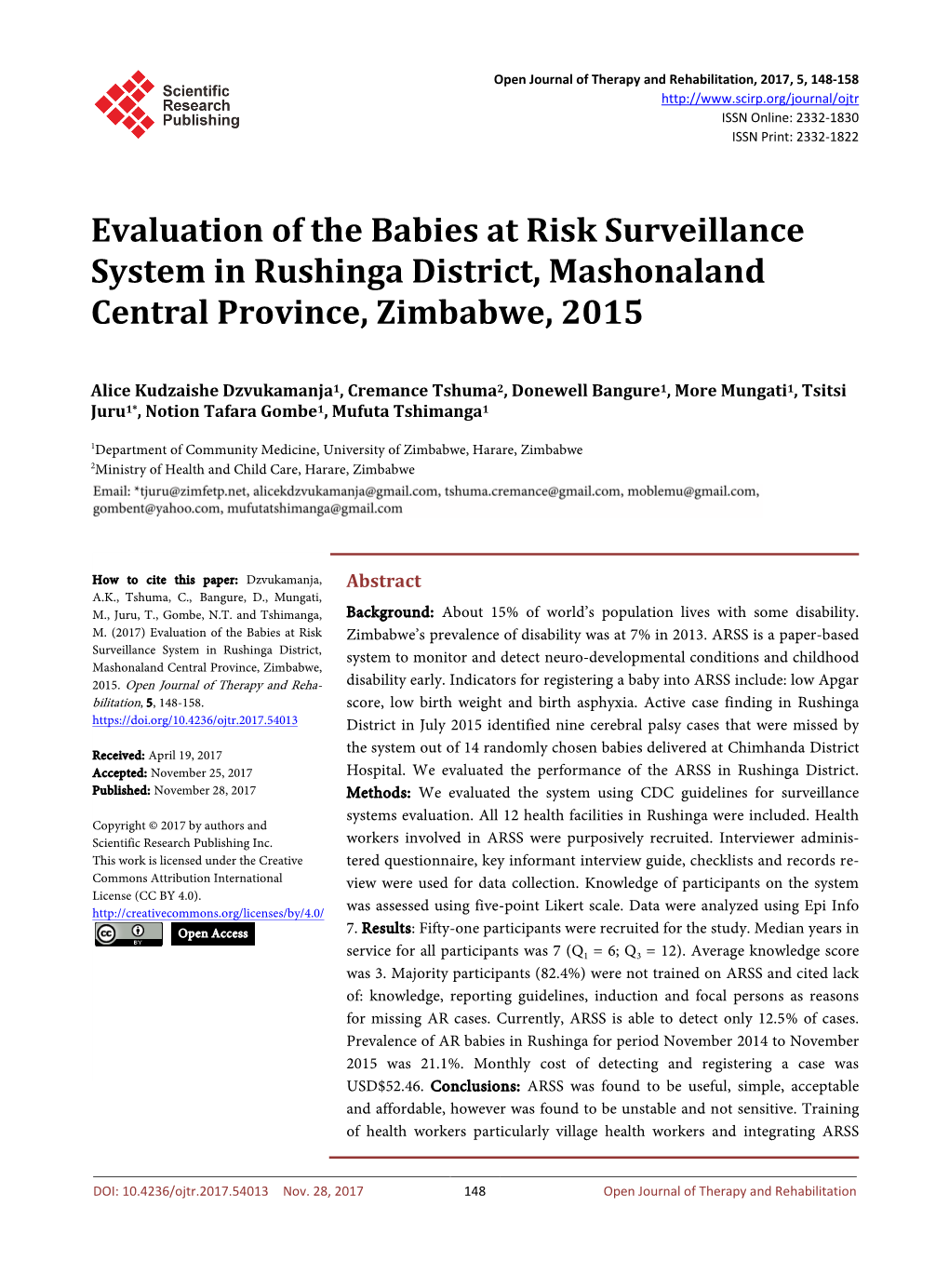 Evaluation of the Babies at Risk Surveillance System in Rushinga District, Mashonaland Central Province, Zimbabwe, 2015