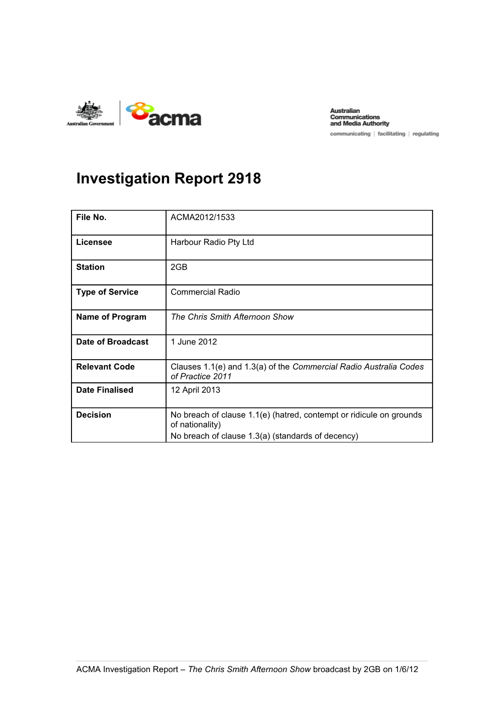 Investigation Report 2918