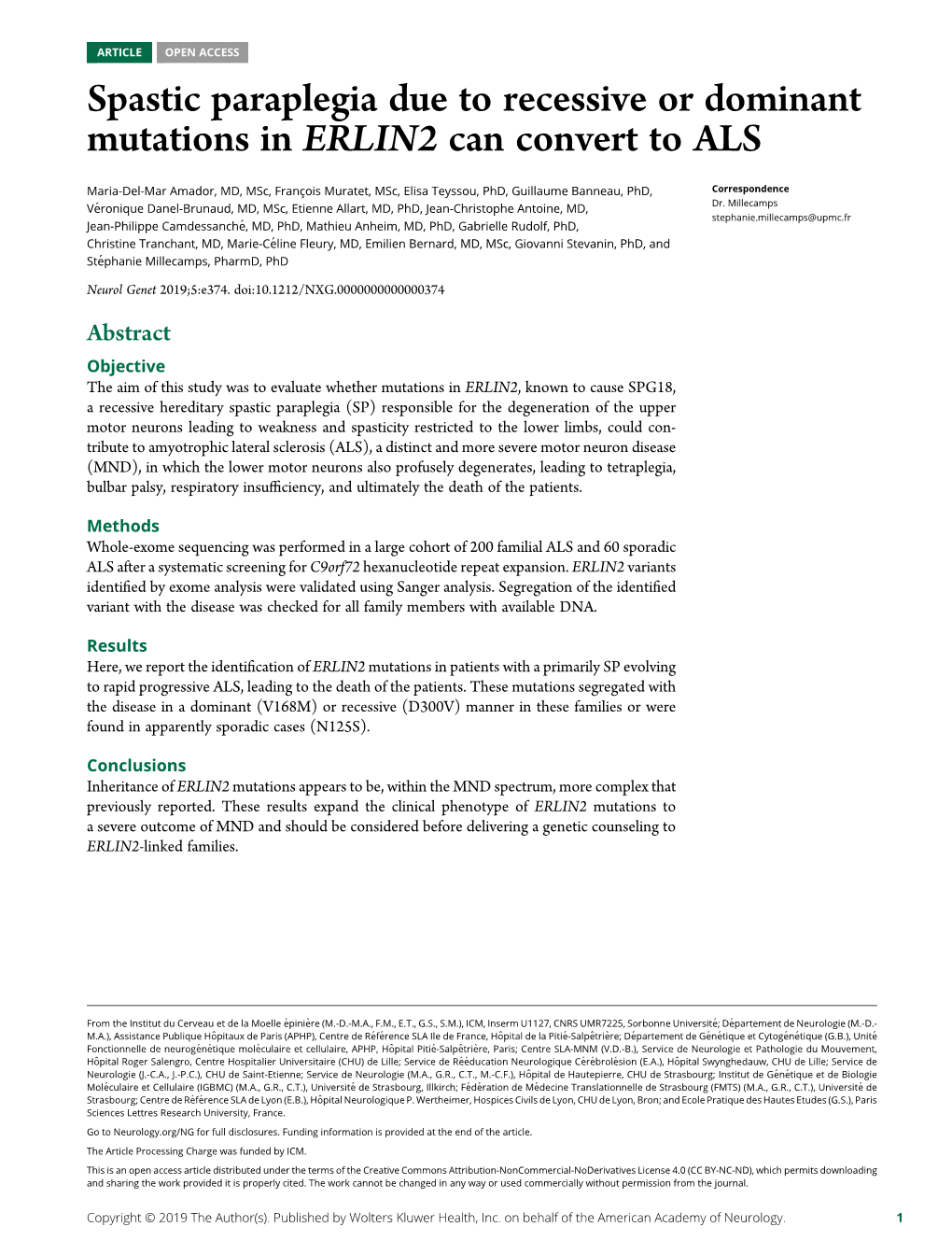 Spastic Paraplegia Due to Recessive Or Dominant Mutations in ERLIN2 Can Convert to ALS