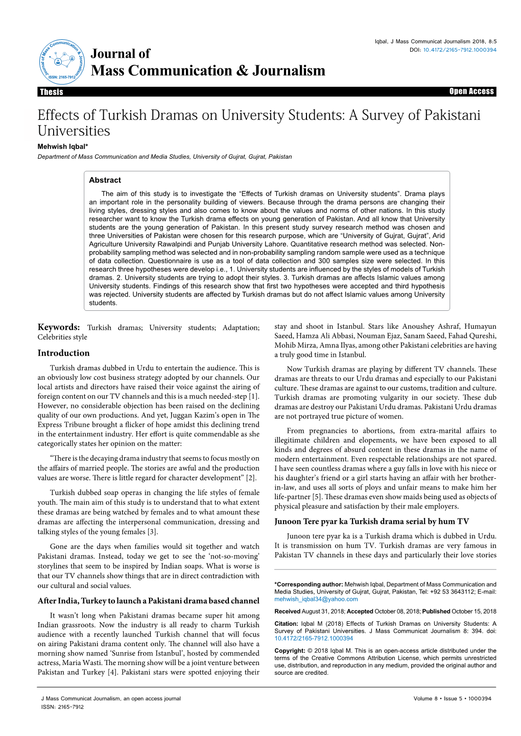 Effects of Turkish Dramas on University Students: a Survey of Pakistani Universities