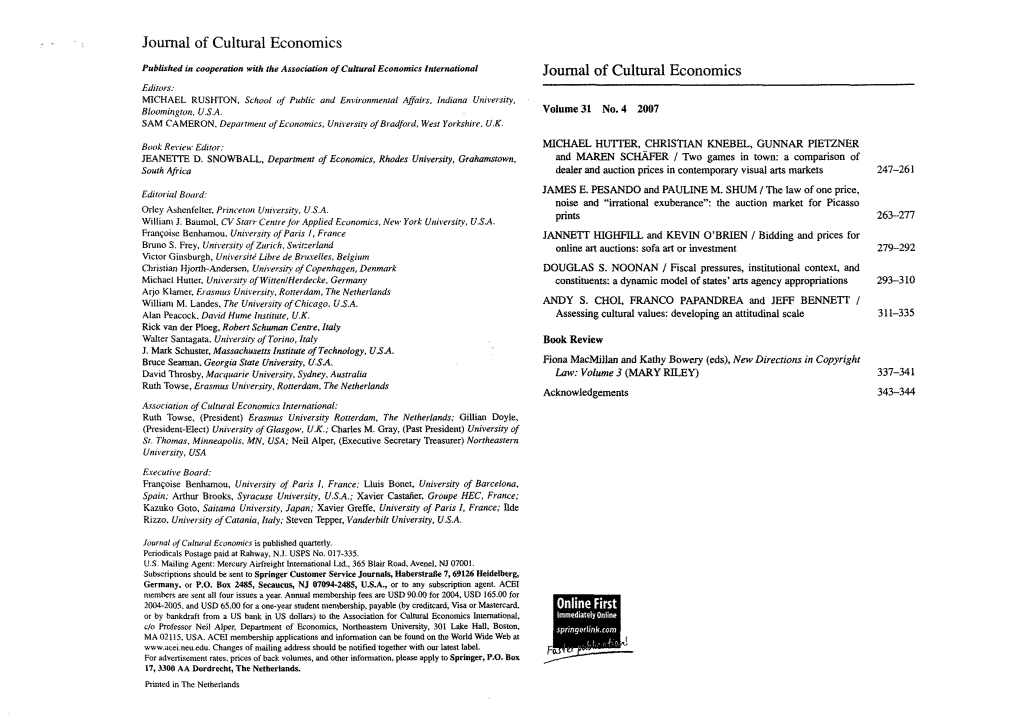 Journal of Cultural Economics Journal of Cultural Economics