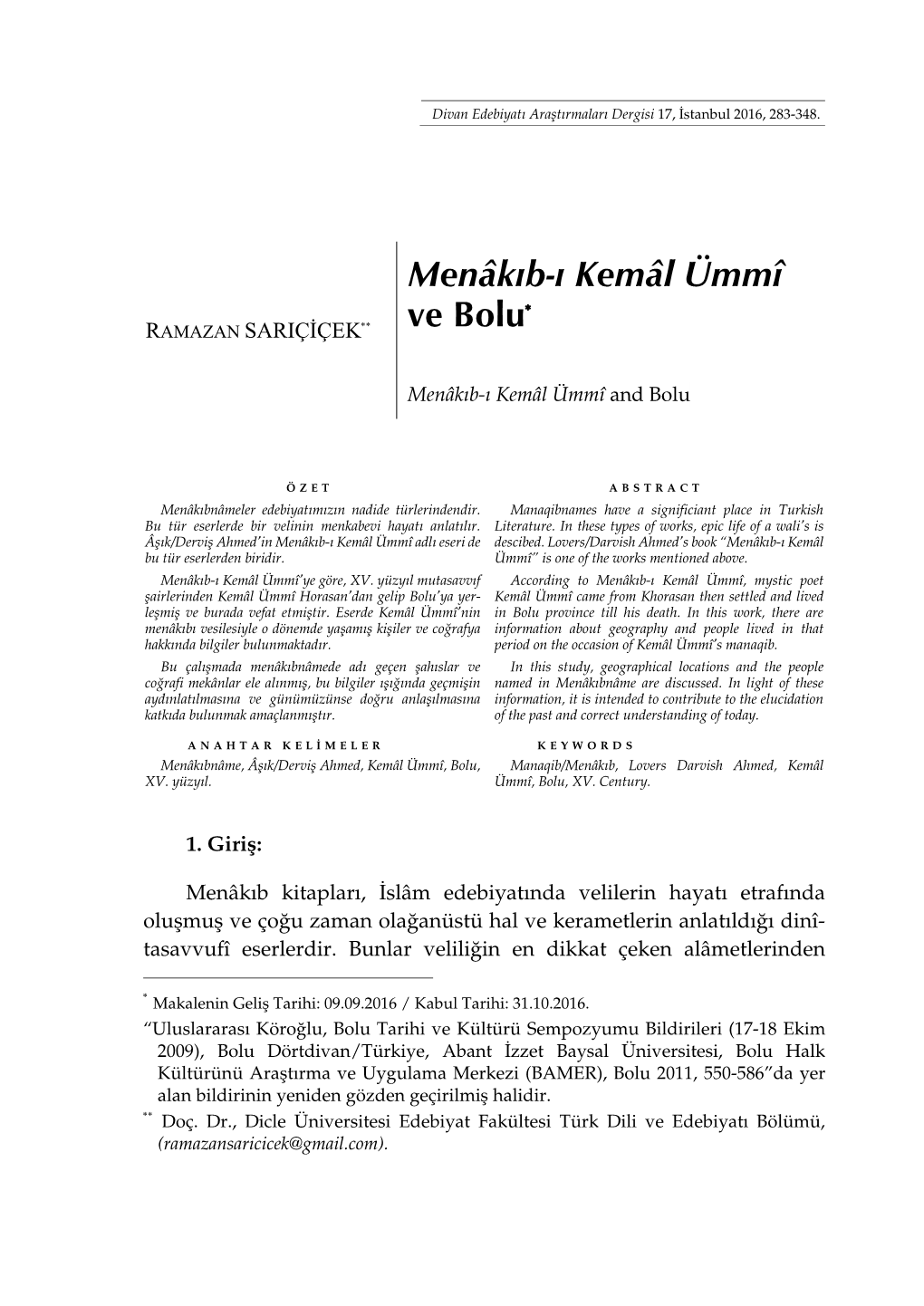 Menâkıb-I Kemâl Ümmî Ve Bolu*