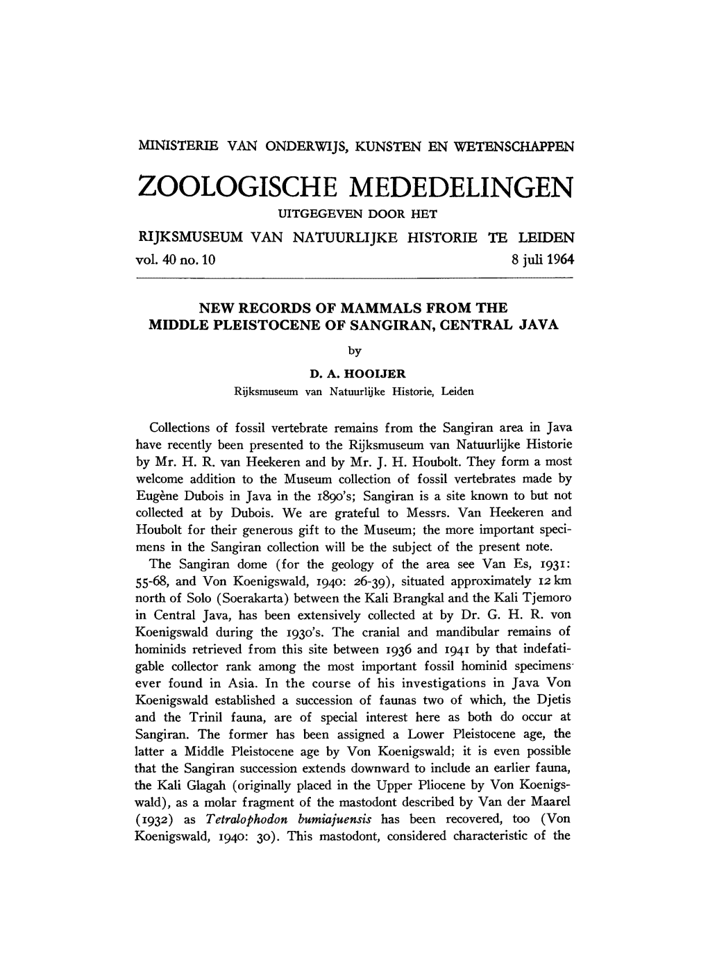 ZOOLOGISCHE MEDEDELINGEN UITGEGEVEN DOOR HET RIJKSMUSEUM VAN NATUURLIJKE HISTORIE TE LEIDEN Vol