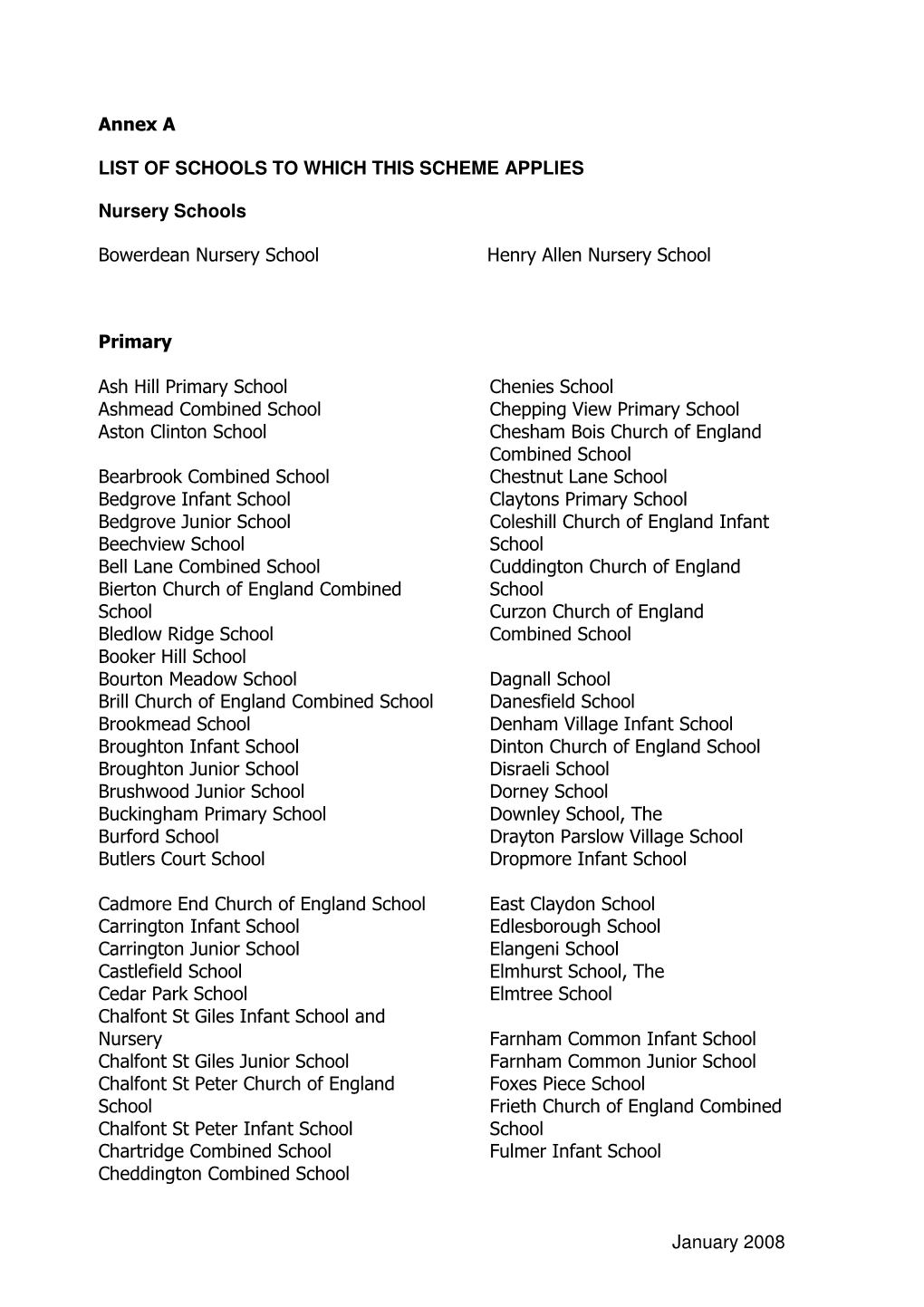 January 2008 Annex a LIST of SCHOOLS to WHICH THIS