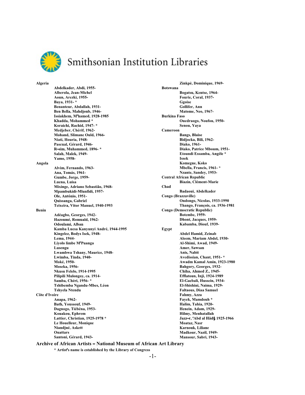 Archive of African Artists B National Museum of African Art Library * Artist=S Name Is Established by the Library of Congress -1