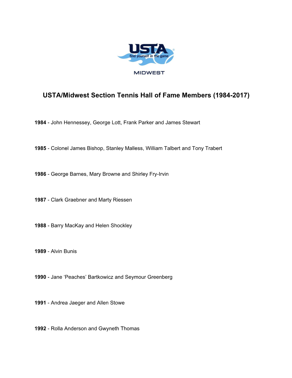 USTA/Midwest Section Tennis Hall of Fame Members (1984-2017)