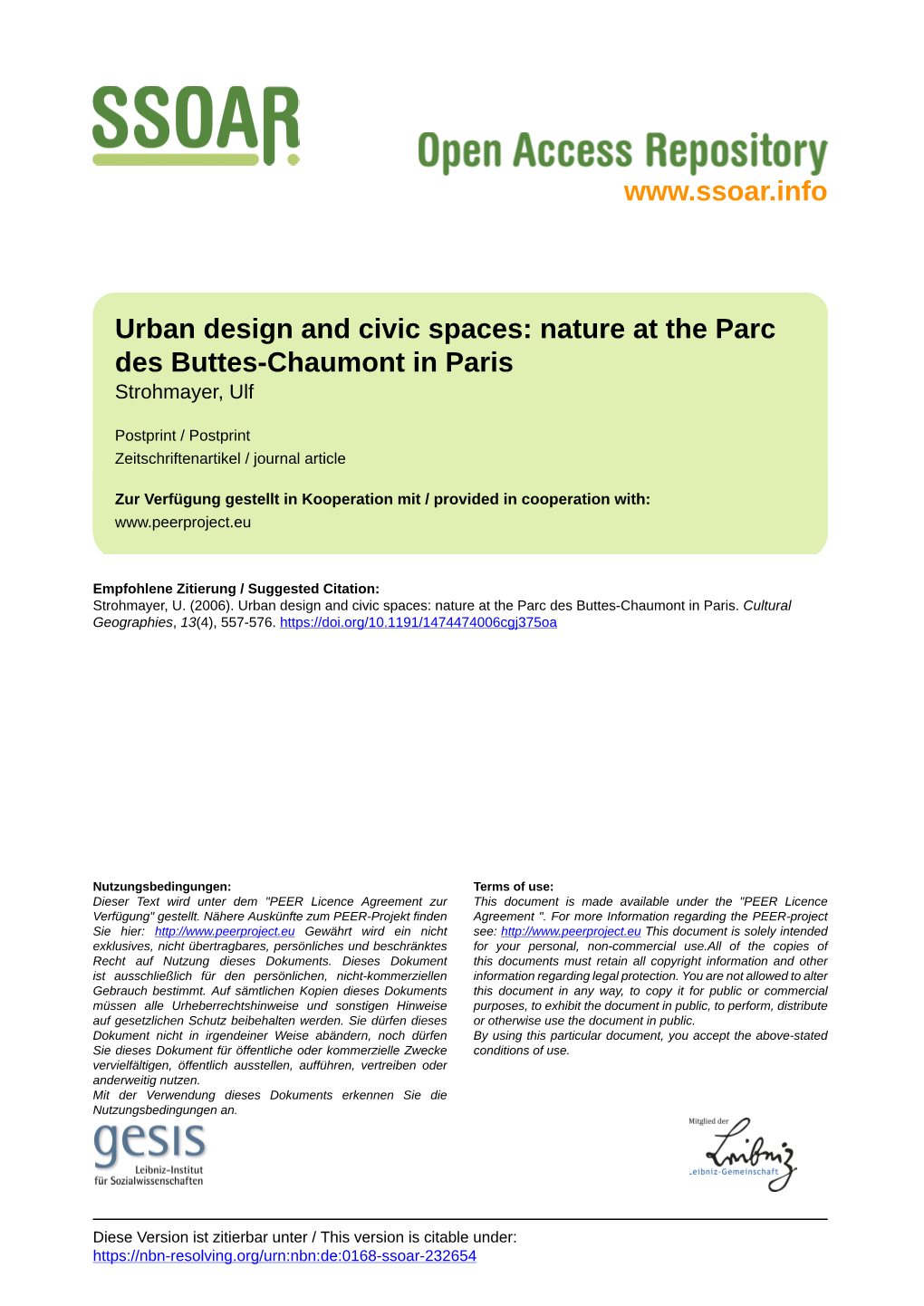 Urban Design and Civic Spaces: Nature at the Parc Des Buttes-Chaumont in Paris Strohmayer, Ulf