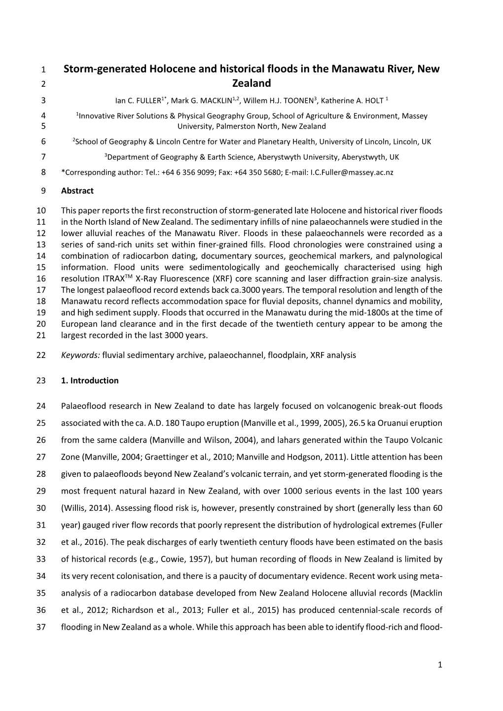 Storm-Generated Holocene and Historical Floods in the Manawatu River, New 2 Zealand 3 Ian C