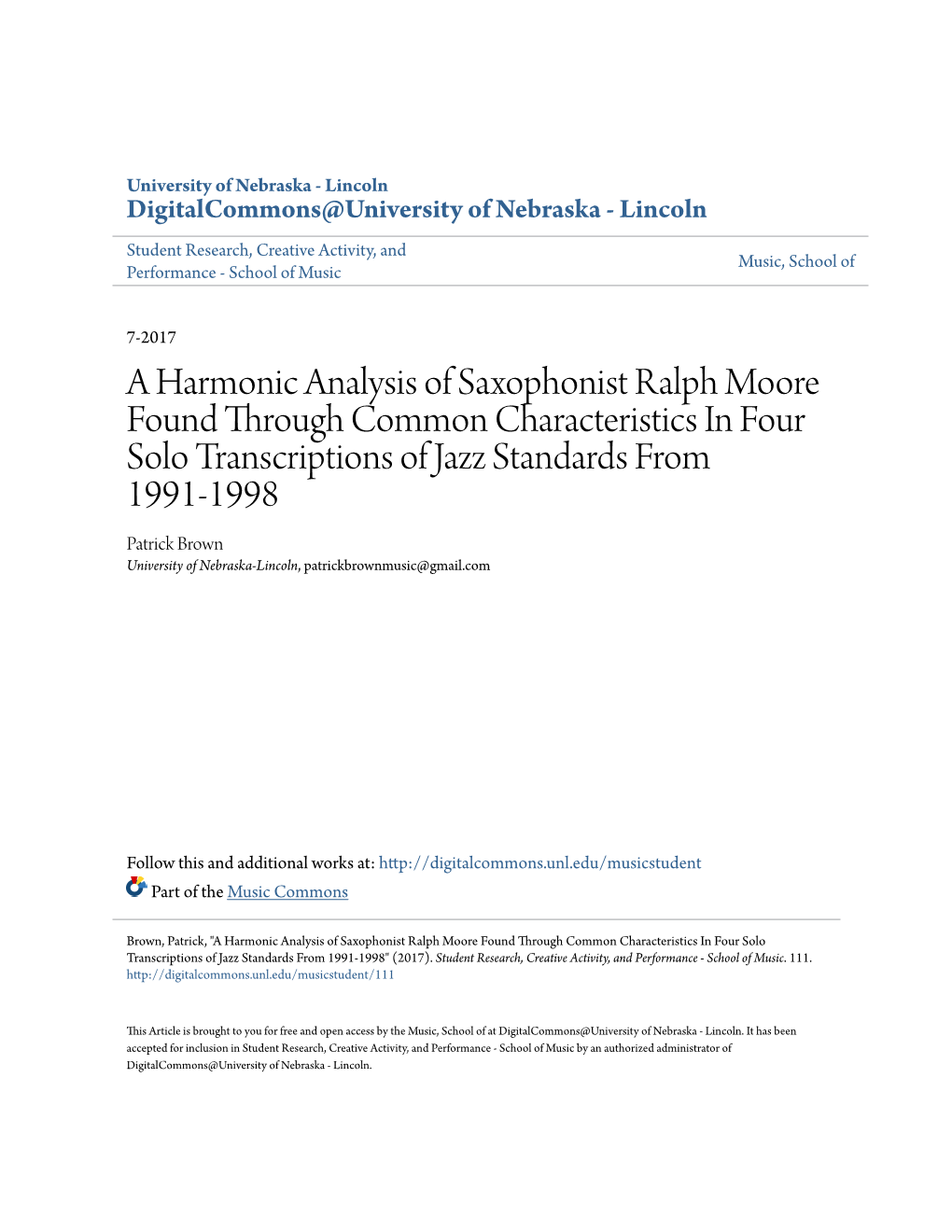 A Harmonic Analysis of Saxophonist Ralph Moore Found Through