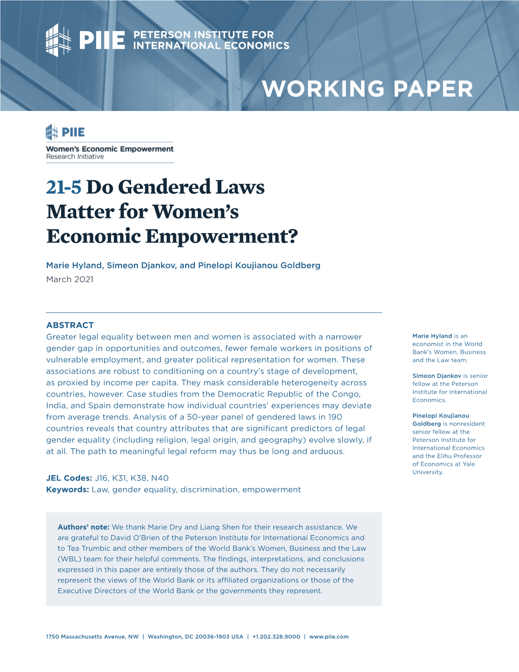 Do Gendered Laws Matter for Women's Economic Empowerment