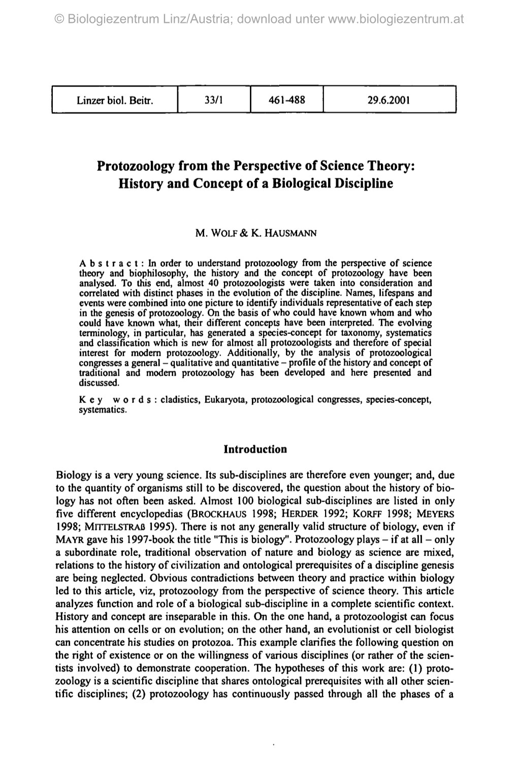 Protozoology from the Perspective of Science Theory: History and Concept of a Biological Discipline