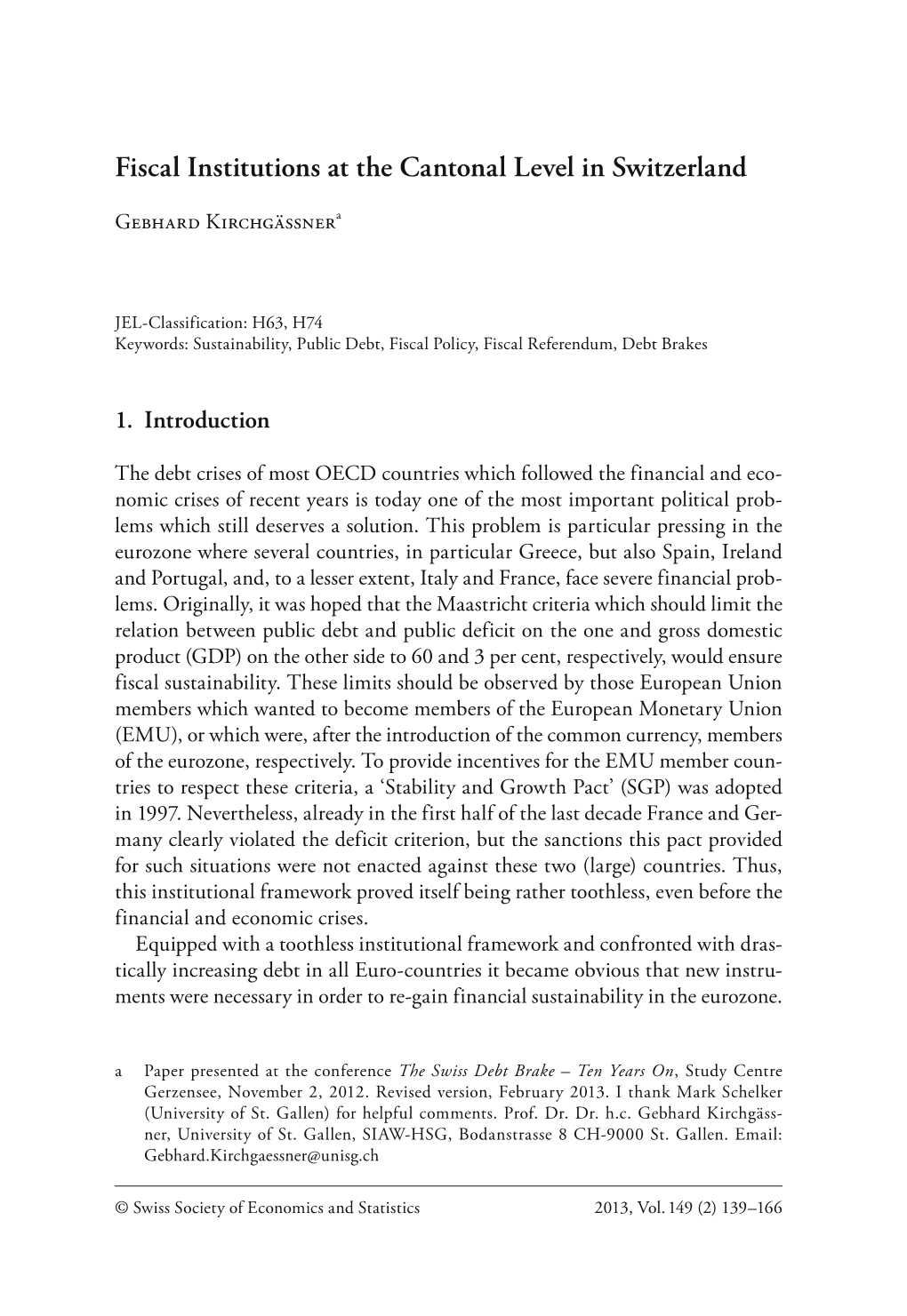 Fiscal Institutions at the Cantonal Level in Switzerland