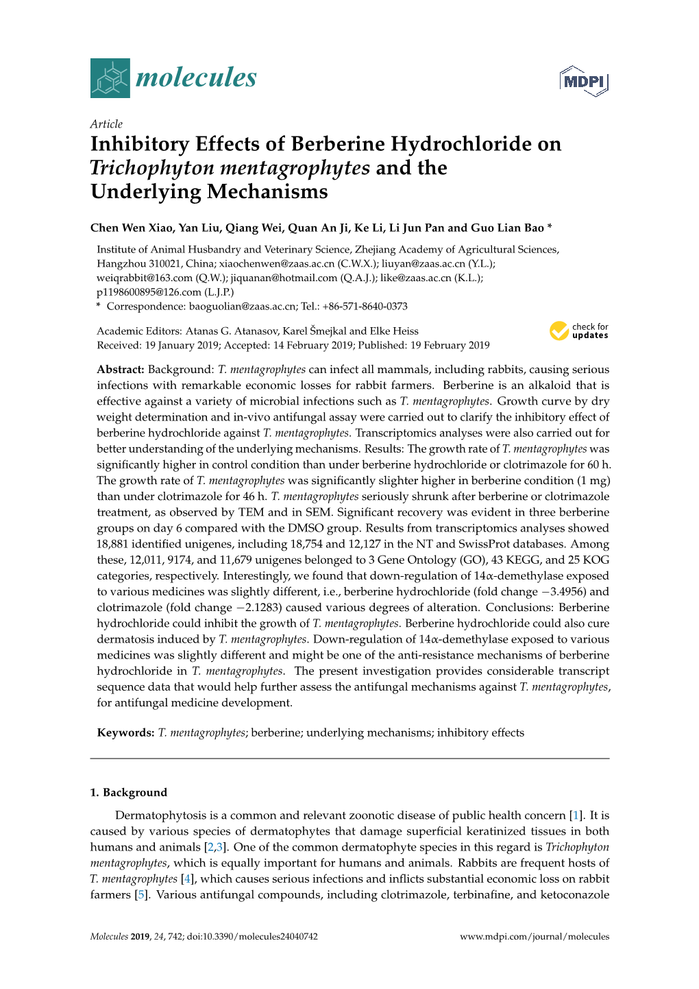 Inhibitory Effects of Berberine Hydrochloride on Trichophyton Mentagrophytes and the Underlying Mechanisms