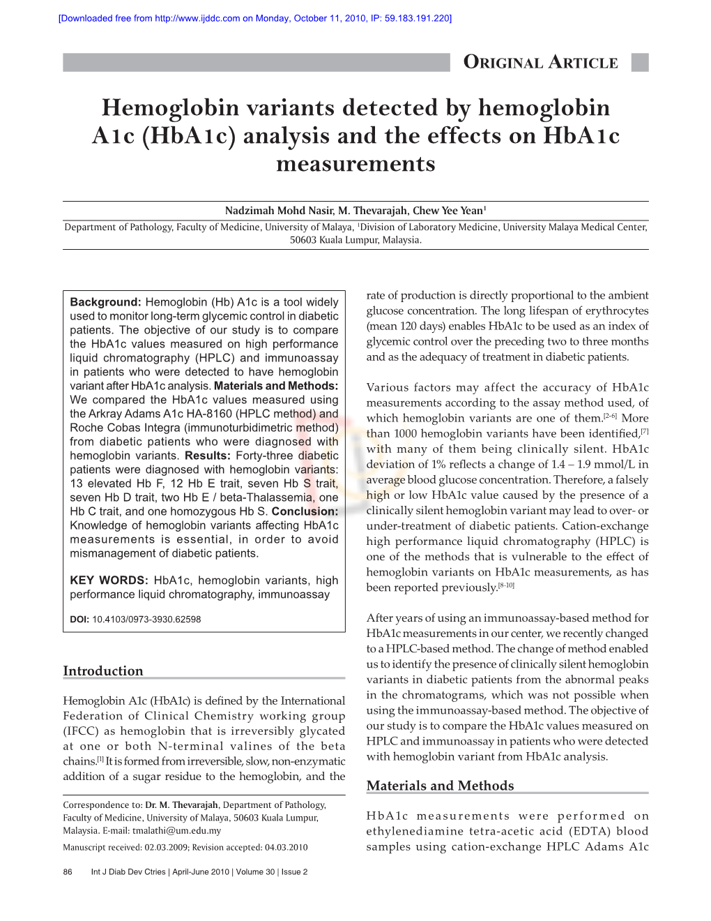 Hemoglobin Variants Detected by Hemoglobin A1c (Hba1c) Analysis and the Effects on Hba1c Measurements