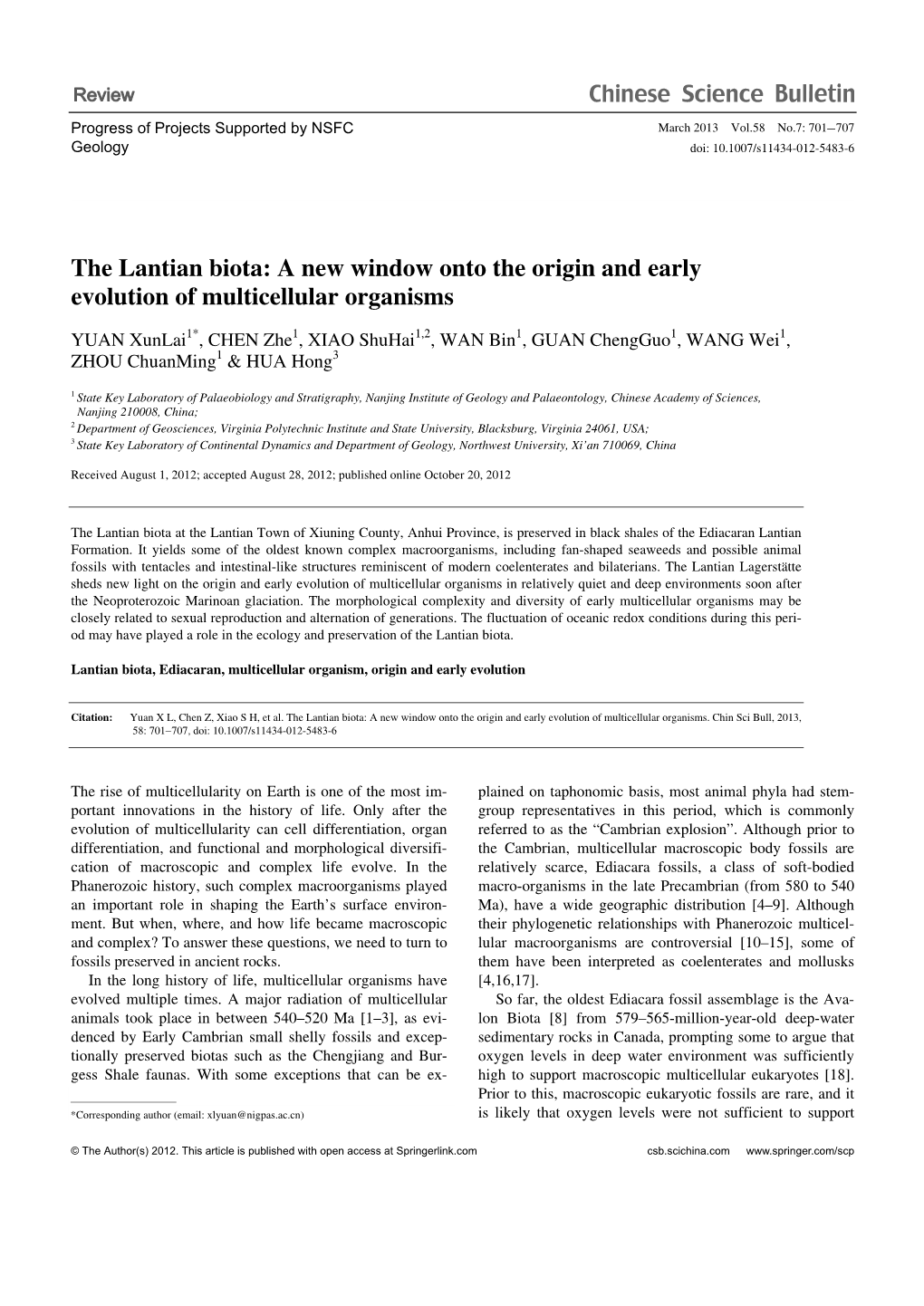 The Lantian Biota: a New Window Onto the Origin and Early Evolution of Multicellular Organisms